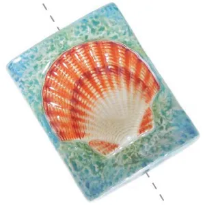 Hand Painted Porcelain Rectangle Focal Bead Orange Scallop Seashell 30x40mm (1 pcs)