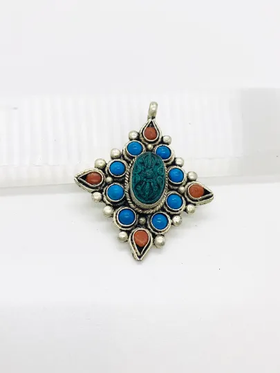Handmade Dorje/Vajra Pendant Tibetan Silver Dorje Necklace, Turquoise Coral Vajra, Silver Vajra Pendant, Vajra Neckpiece,Buddhist Amulet