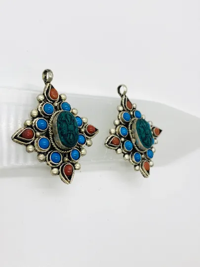 Handmade Dorje/Vajra Pendant Tibetan Silver Dorje Necklace, Turquoise Coral Vajra, Silver Vajra Pendant, Vajra Neckpiece,Buddhist Amulet