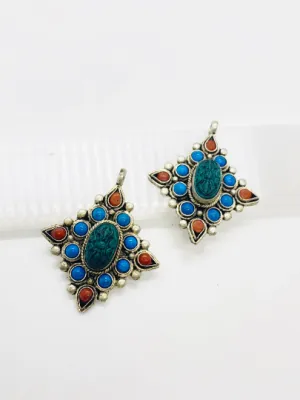 Handmade Dorje/Vajra Pendant Tibetan Silver Dorje Necklace, Turquoise Coral Vajra, Silver Vajra Pendant, Vajra Neckpiece,Buddhist Amulet