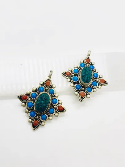 Handmade Dorje/Vajra Pendant Tibetan Silver Dorje Necklace, Turquoise Coral Vajra, Silver Vajra Pendant, Vajra Neckpiece,Buddhist Amulet
