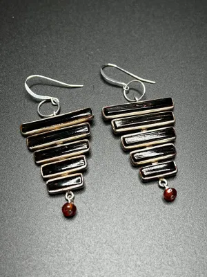 Hessonite Garnet, Vintage Black Coral, and Sterling Silver Earrings