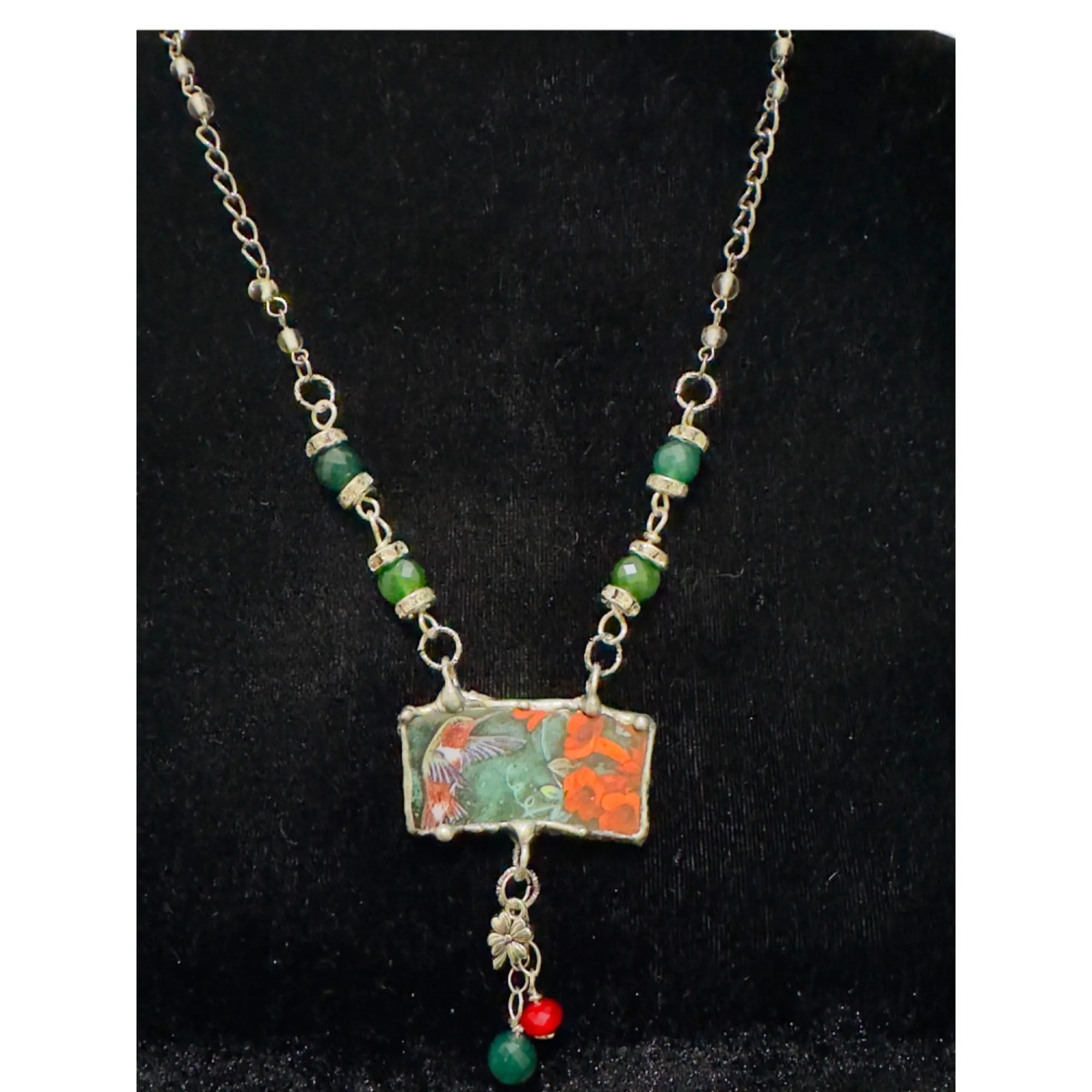 Lena Liu Hummingbird Broken China Pendant Silver-Blend Metalwork Quartz Necklace