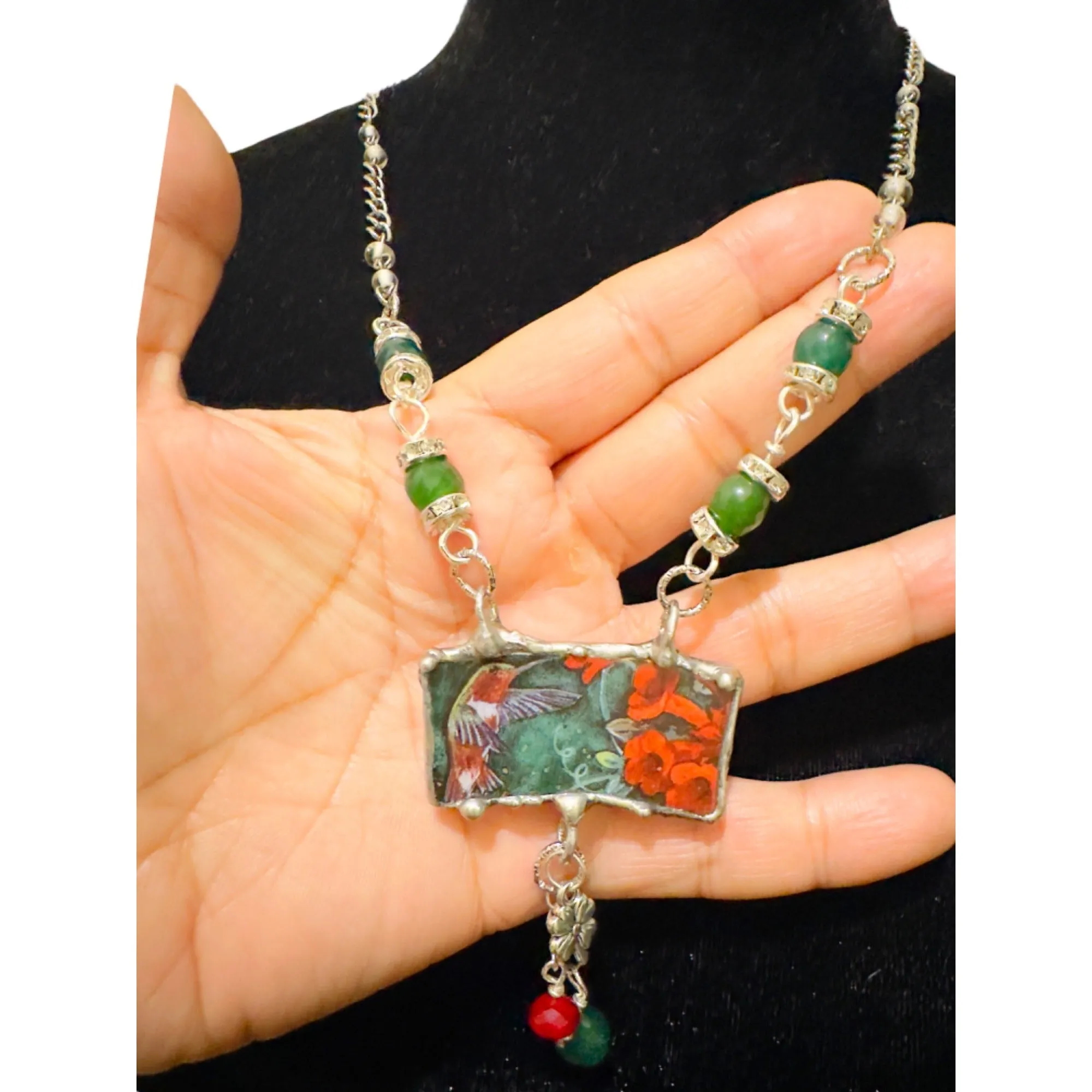 Lena Liu Hummingbird Broken China Pendant Silver-Blend Metalwork Quartz Necklace