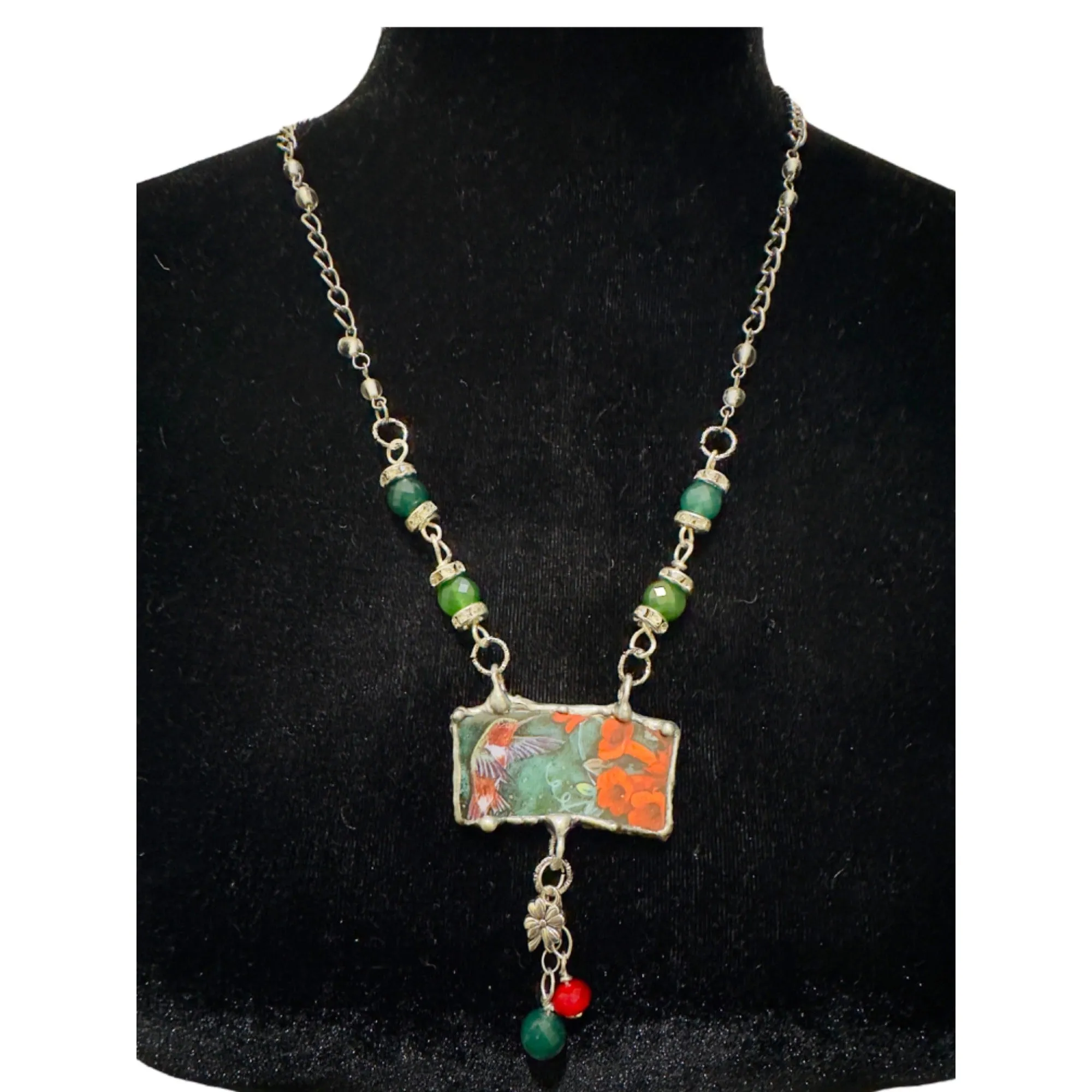 Lena Liu Hummingbird Broken China Pendant Silver-Blend Metalwork Quartz Necklace