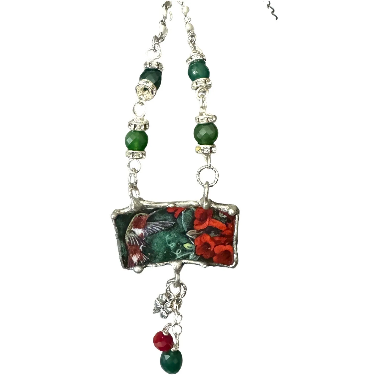 Lena Liu Hummingbird Broken China Pendant Silver-Blend Metalwork Quartz Necklace