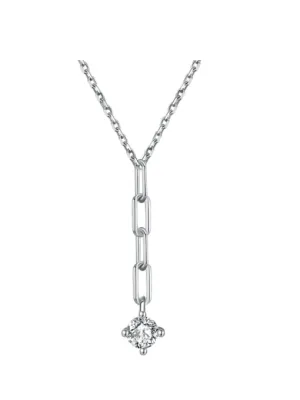 Link Lariat Necklace, Dangle Zircon Dainty .925 Sterling Silver Necklace