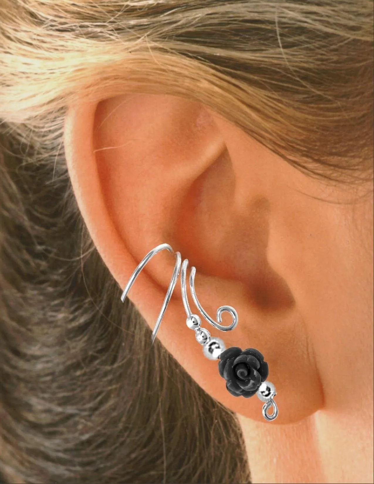 Long Black Rose Coral Ear Cuff