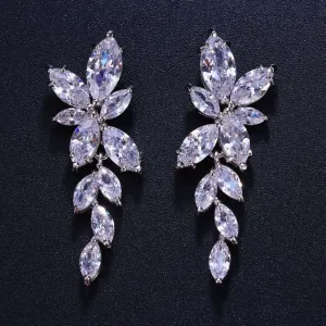 Marquise Cut Flower Cubic Zirconia Crystal Long Drop Earrings  Leaf  Bridal Wedding Jewelry