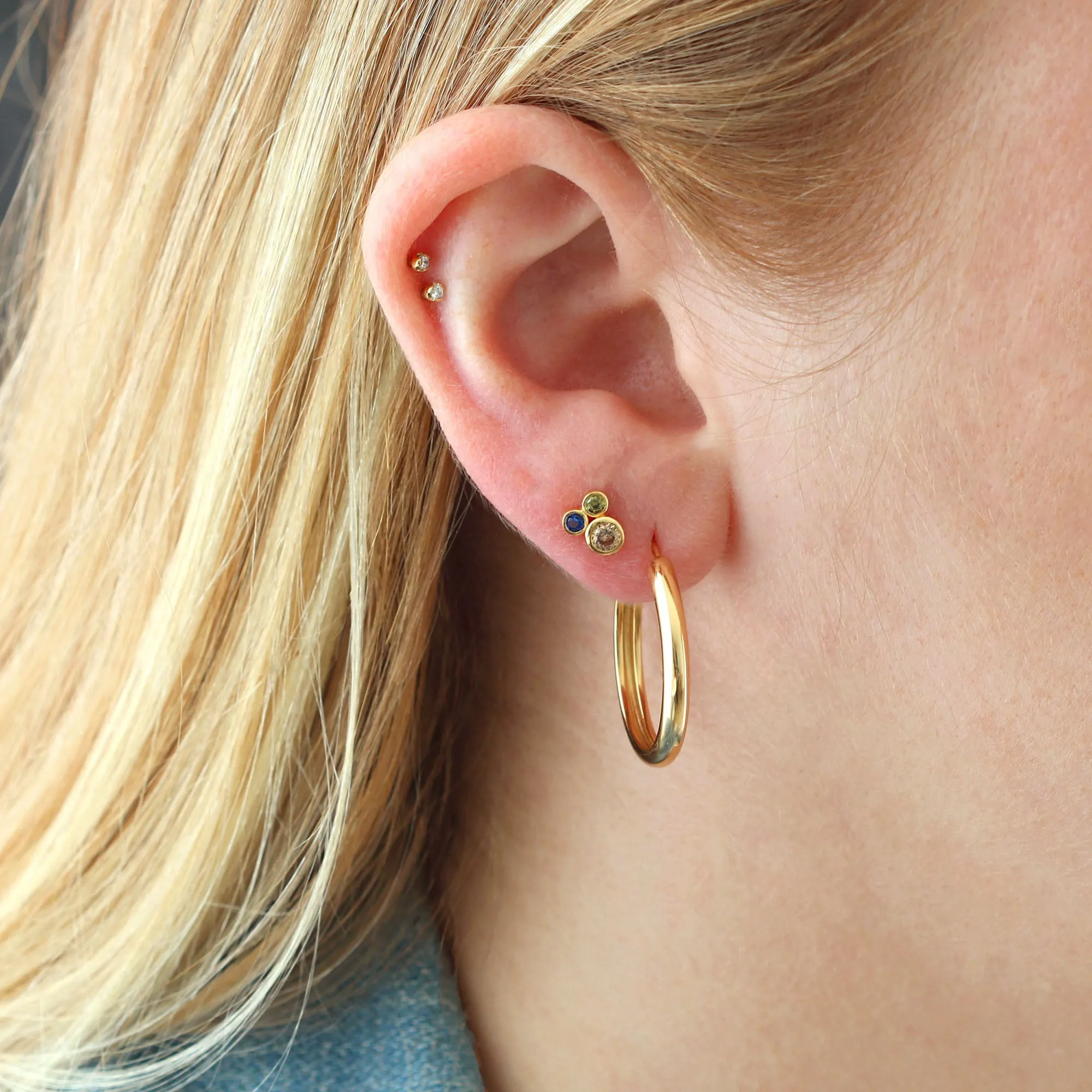 Modernist Stud Earrings with Smokey Topaz, Green Peridot and Blue Topaz Crystals