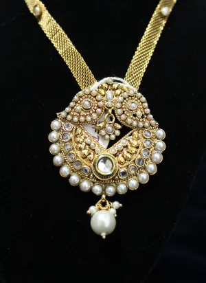 Necklace 4486 Golden Zircon Pearls Polki Indian Set Shieno Sarees