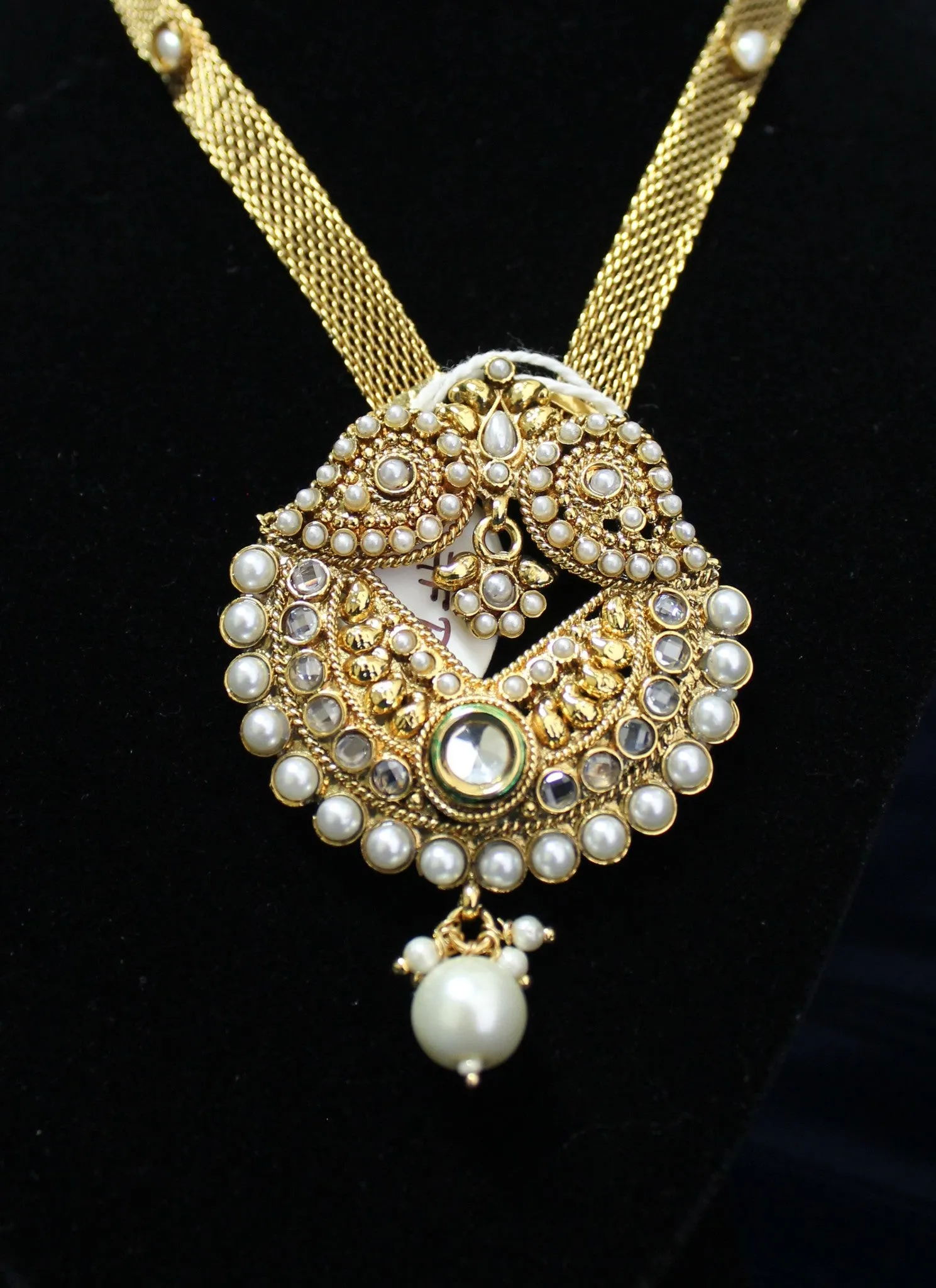 Necklace 4486 Golden Zircon Pearls Polki Indian Set Shieno Sarees