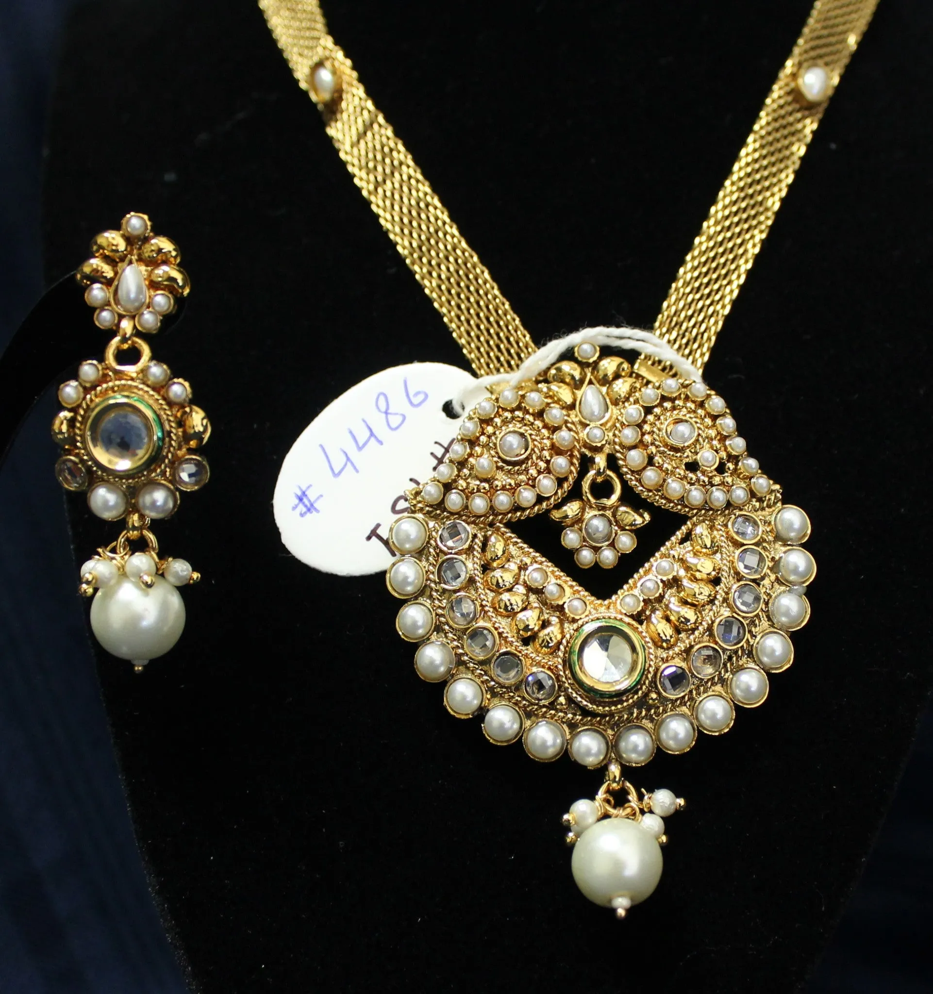 Necklace 4486 Golden Zircon Pearls Polki Indian Set Shieno Sarees