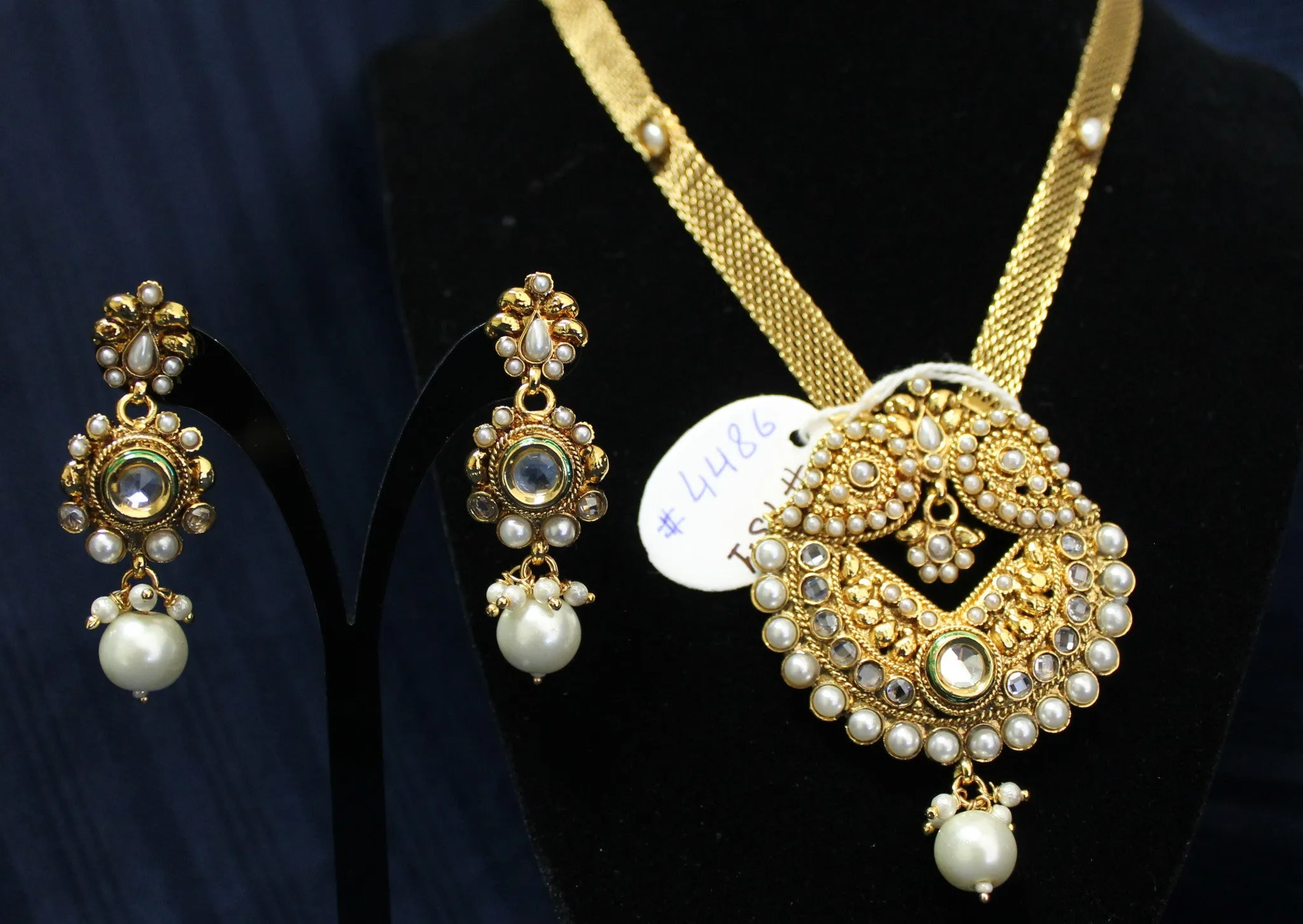 Necklace 4486 Golden Zircon Pearls Polki Indian Set Shieno Sarees