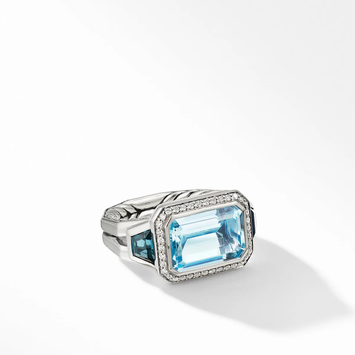 Novella Three Stone Ring with Blue Topaz and Pave Diamonds