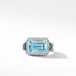 Novella Three Stone Ring with Blue Topaz and Pave Diamonds