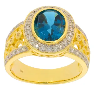 Oval Blue Topaz Sterling Silver Ring with Moissanite Accent