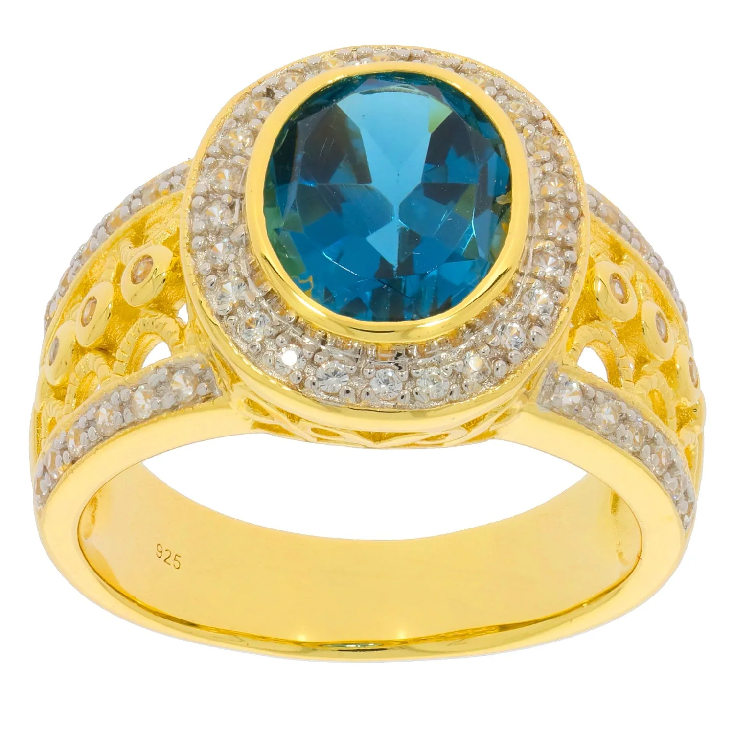 Oval Blue Topaz Sterling Silver Ring with Moissanite Accent