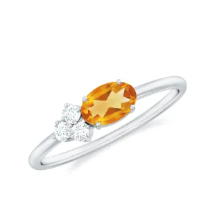 Oval Cut Real Citrine Minimal Ring with Diamond Trio