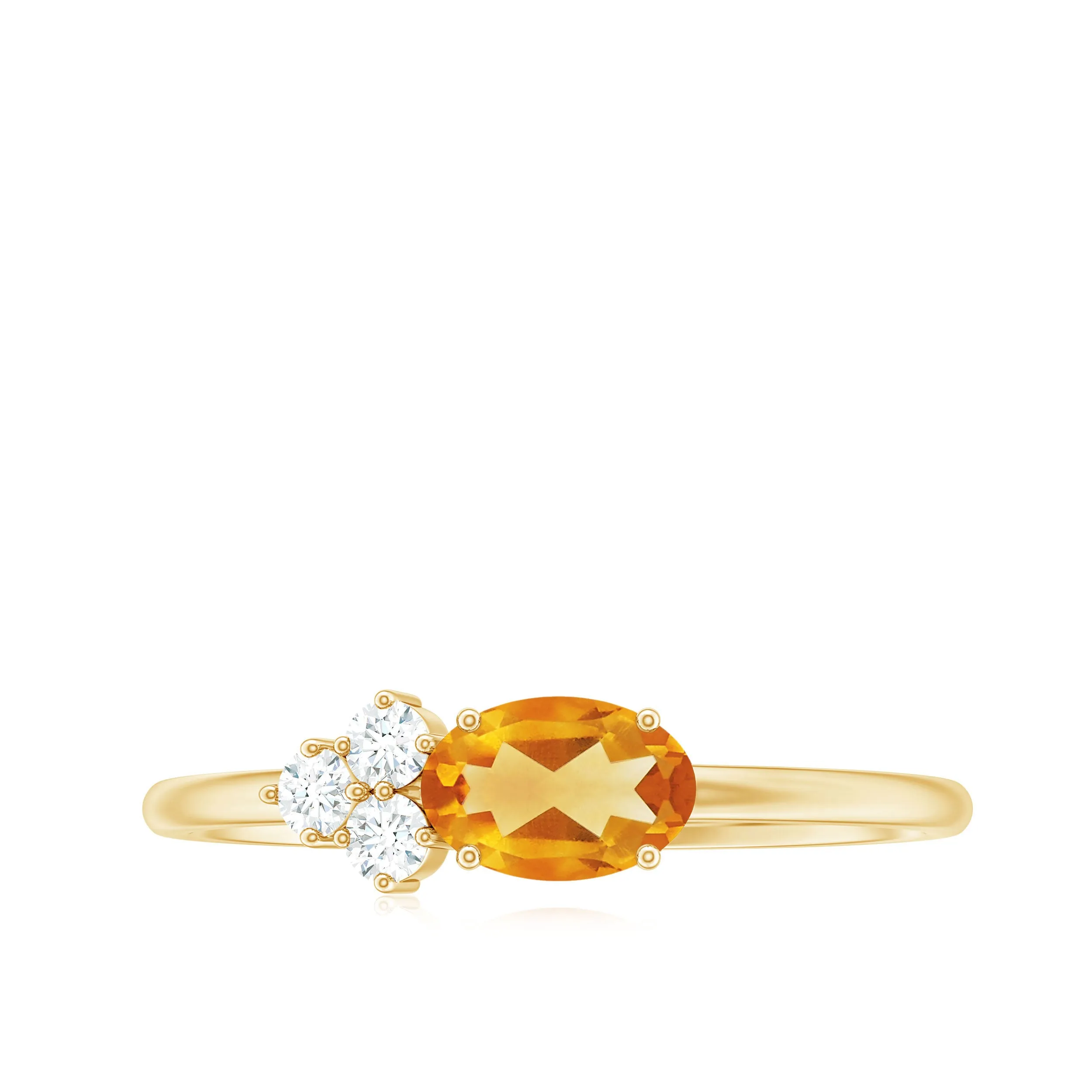 Oval Cut Real Citrine Minimal Ring with Diamond Trio