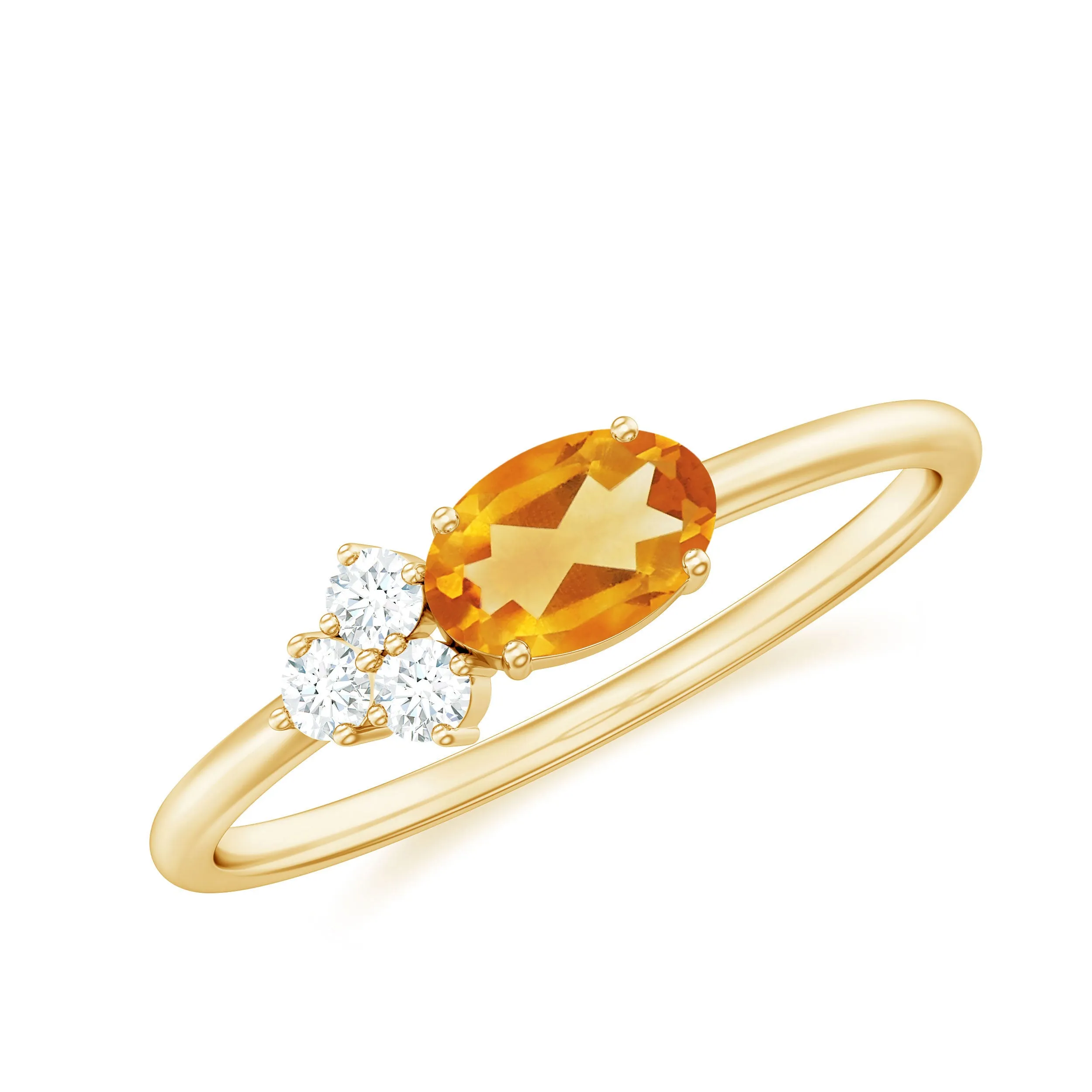 Oval Cut Real Citrine Minimal Ring with Diamond Trio