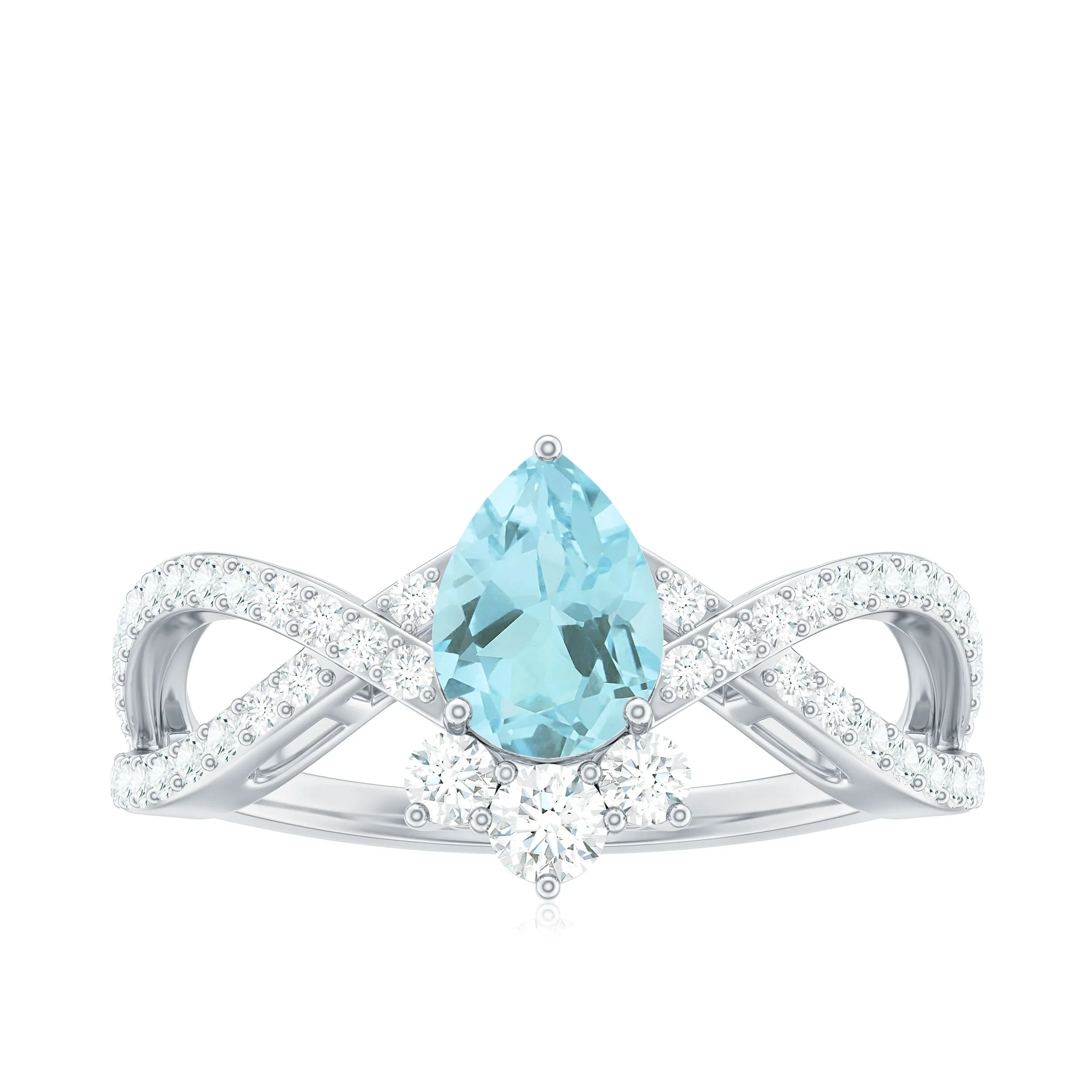 Pear Cut Sky Blue Topaz Designer Crossover Engagement Ring with Diamond