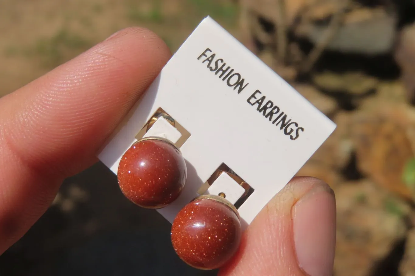 Polished Pair of Goldstone Sunstone Stud Earrings - sold per Pair - From India