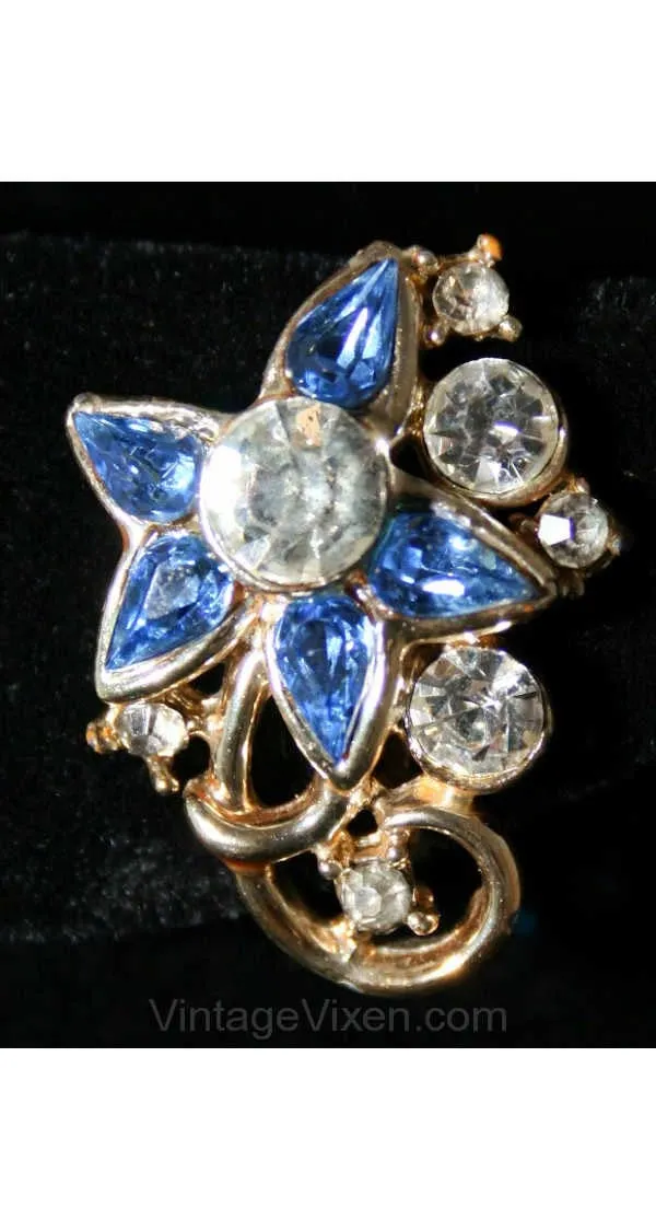 Pretty 1950s Star Flower Earrings - Spring Floral Screw Backs - Blue Rhinestones & Goldtone Metal - Screwbacks - Starry Eyed Chic - 38437-1