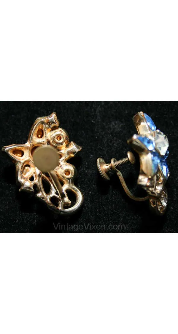 Pretty 1950s Star Flower Earrings - Spring Floral Screw Backs - Blue Rhinestones & Goldtone Metal - Screwbacks - Starry Eyed Chic - 38437-1