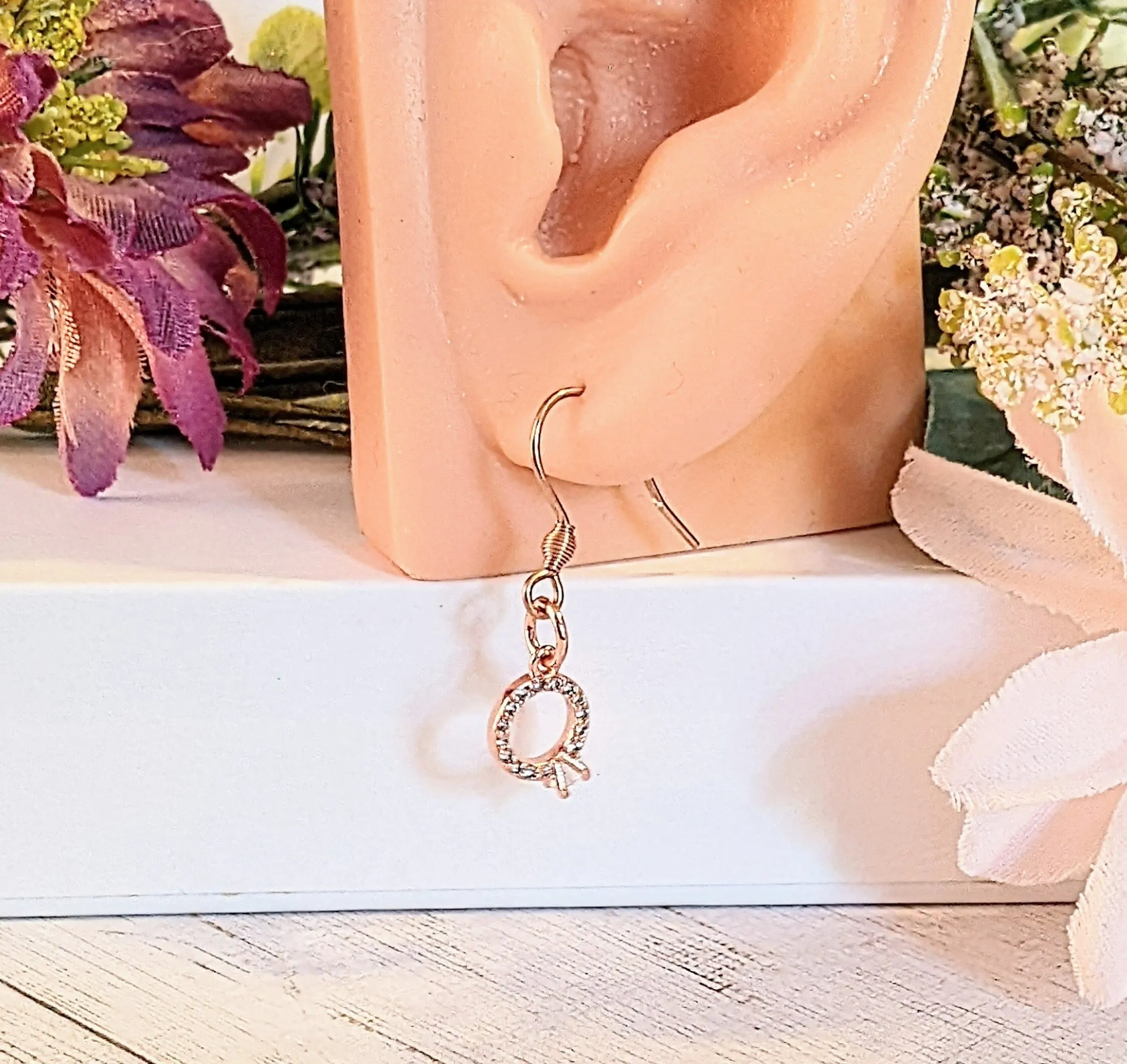 Rose Gold CZ Diamond Engagement Ring Earrings
