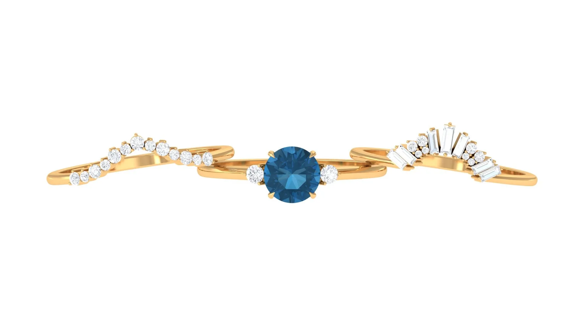 Round London Blue Topaz Designer Trio Wedding Ring Set with Diamond