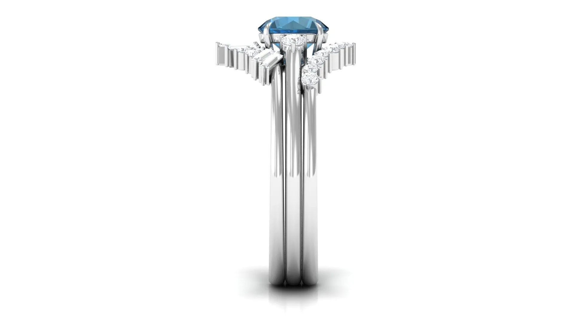Round London Blue Topaz Designer Trio Wedding Ring Set with Diamond