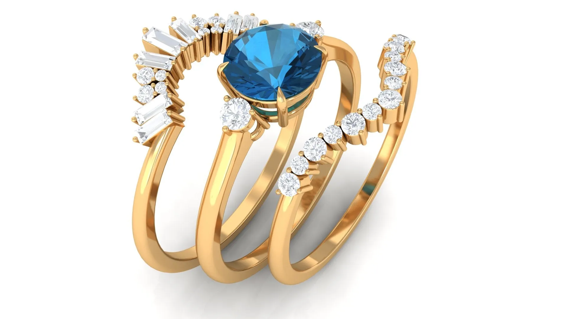 Round London Blue Topaz Designer Trio Wedding Ring Set with Diamond