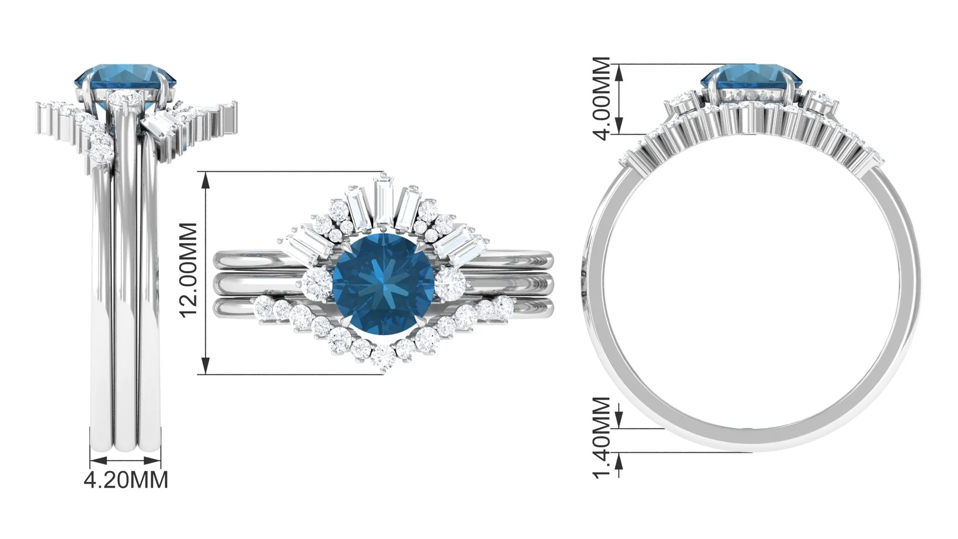Round London Blue Topaz Designer Trio Wedding Ring Set with Diamond