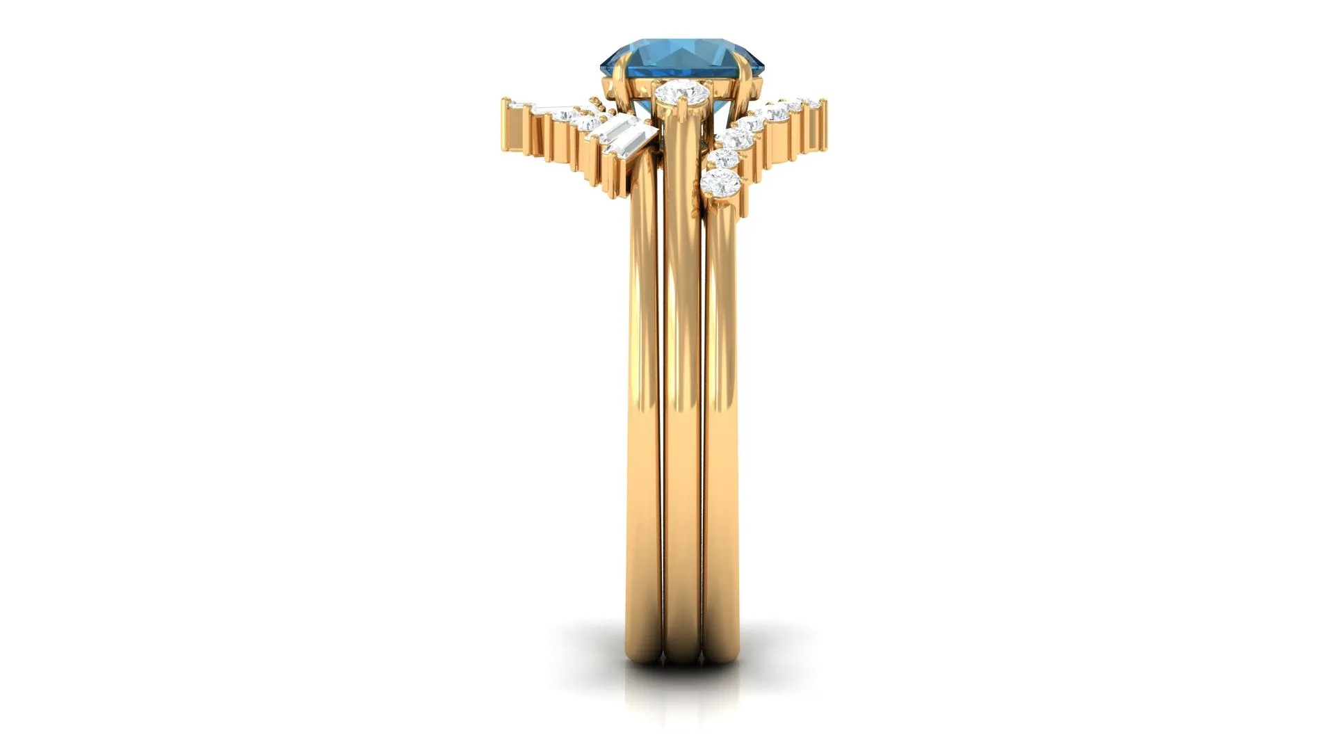 Round London Blue Topaz Designer Trio Wedding Ring Set with Diamond