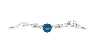 Round London Blue Topaz Designer Trio Wedding Ring Set with Diamond