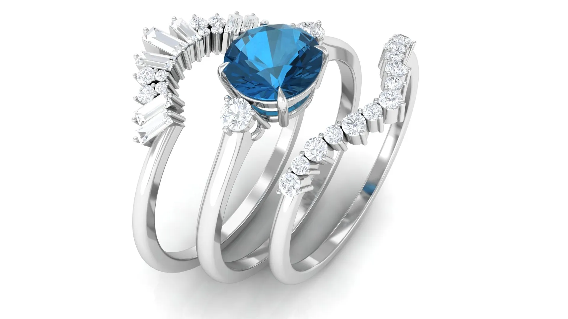 Round London Blue Topaz Designer Trio Wedding Ring Set with Diamond