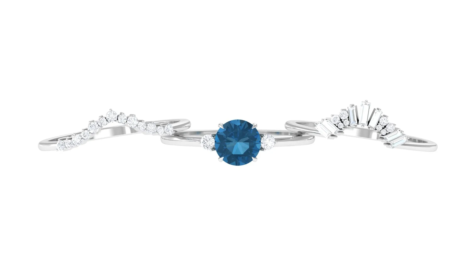 Round London Blue Topaz Designer Trio Wedding Ring Set with Diamond