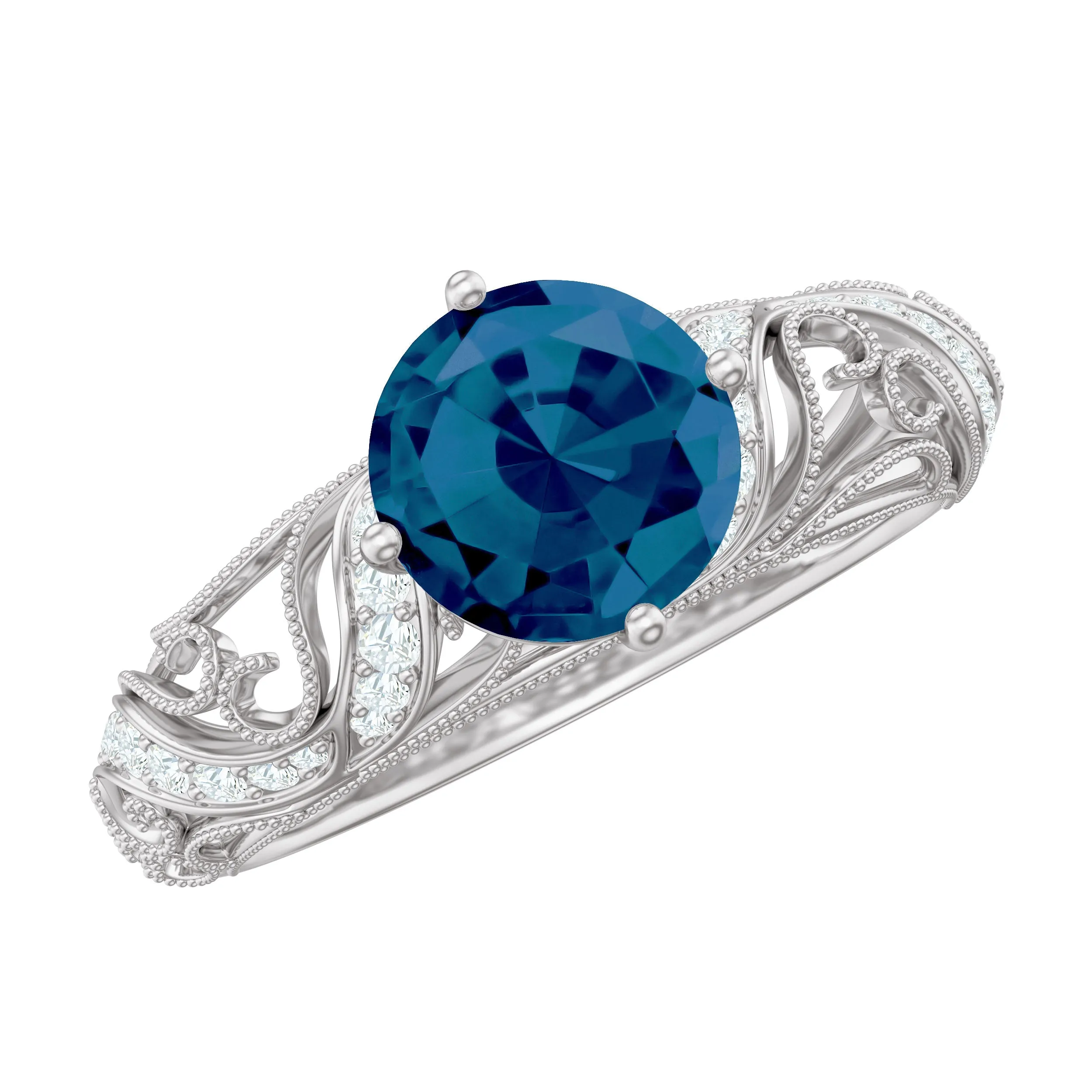 Round London Blue Topaz Vintage Engagement Ring with Diamond