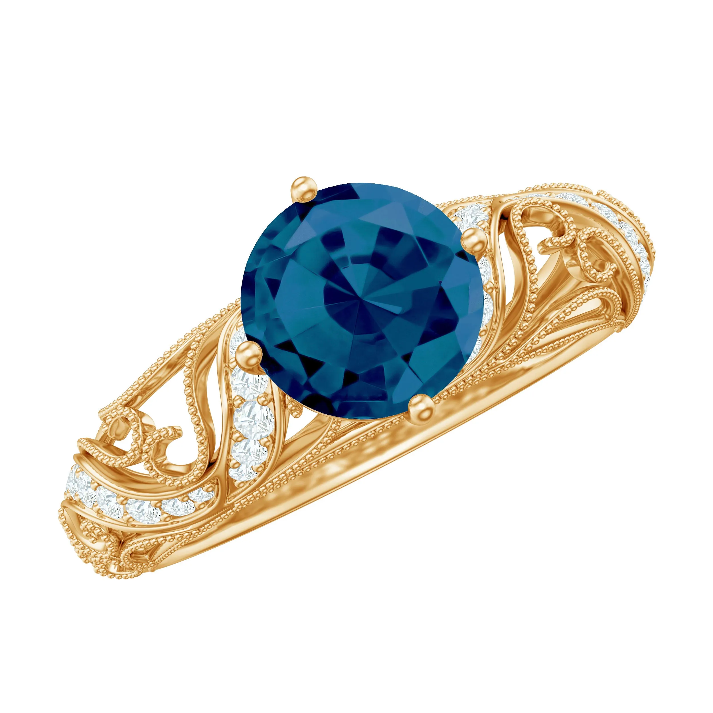 Round London Blue Topaz Vintage Engagement Ring with Diamond