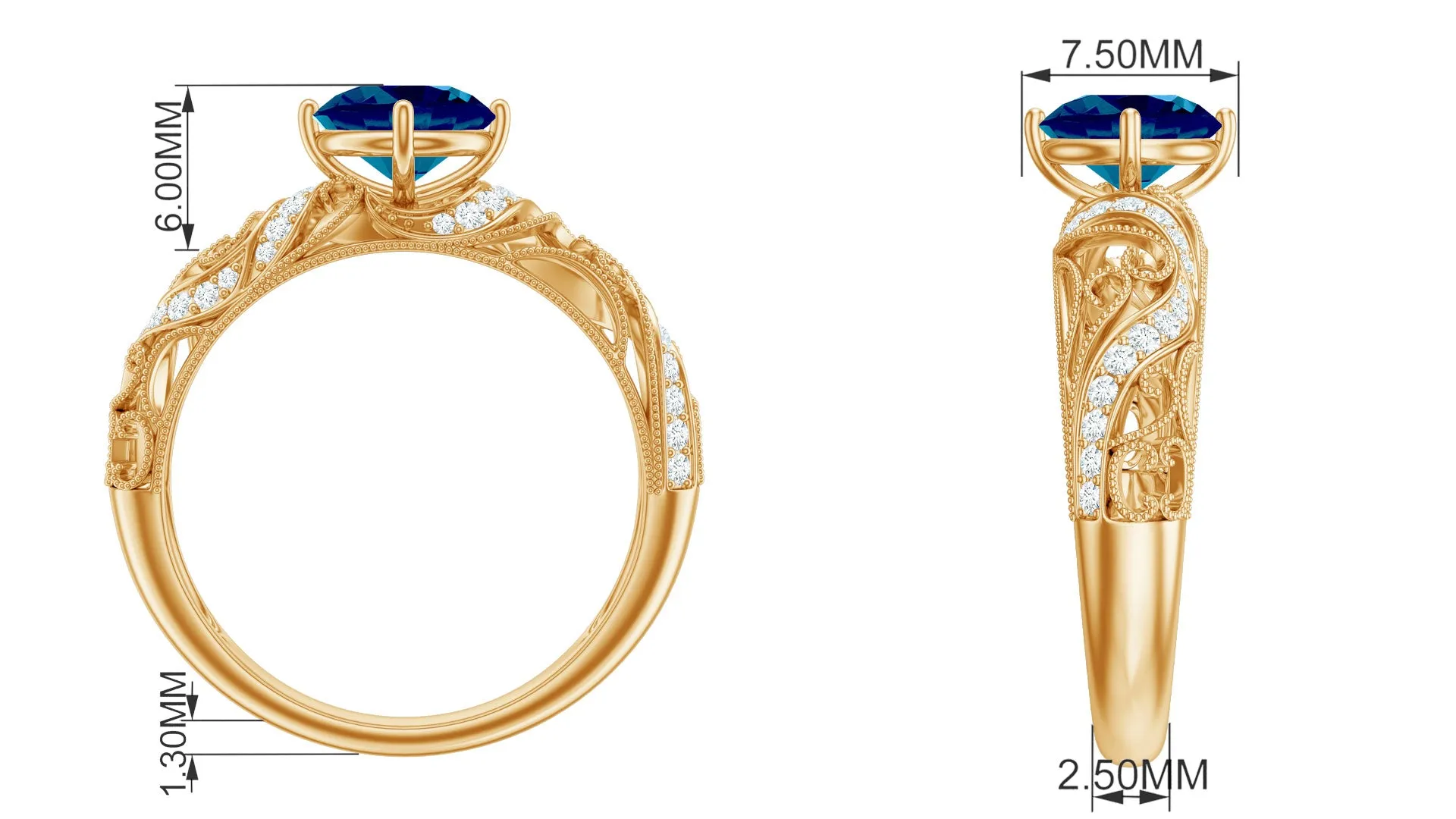 Round London Blue Topaz Vintage Engagement Ring with Diamond