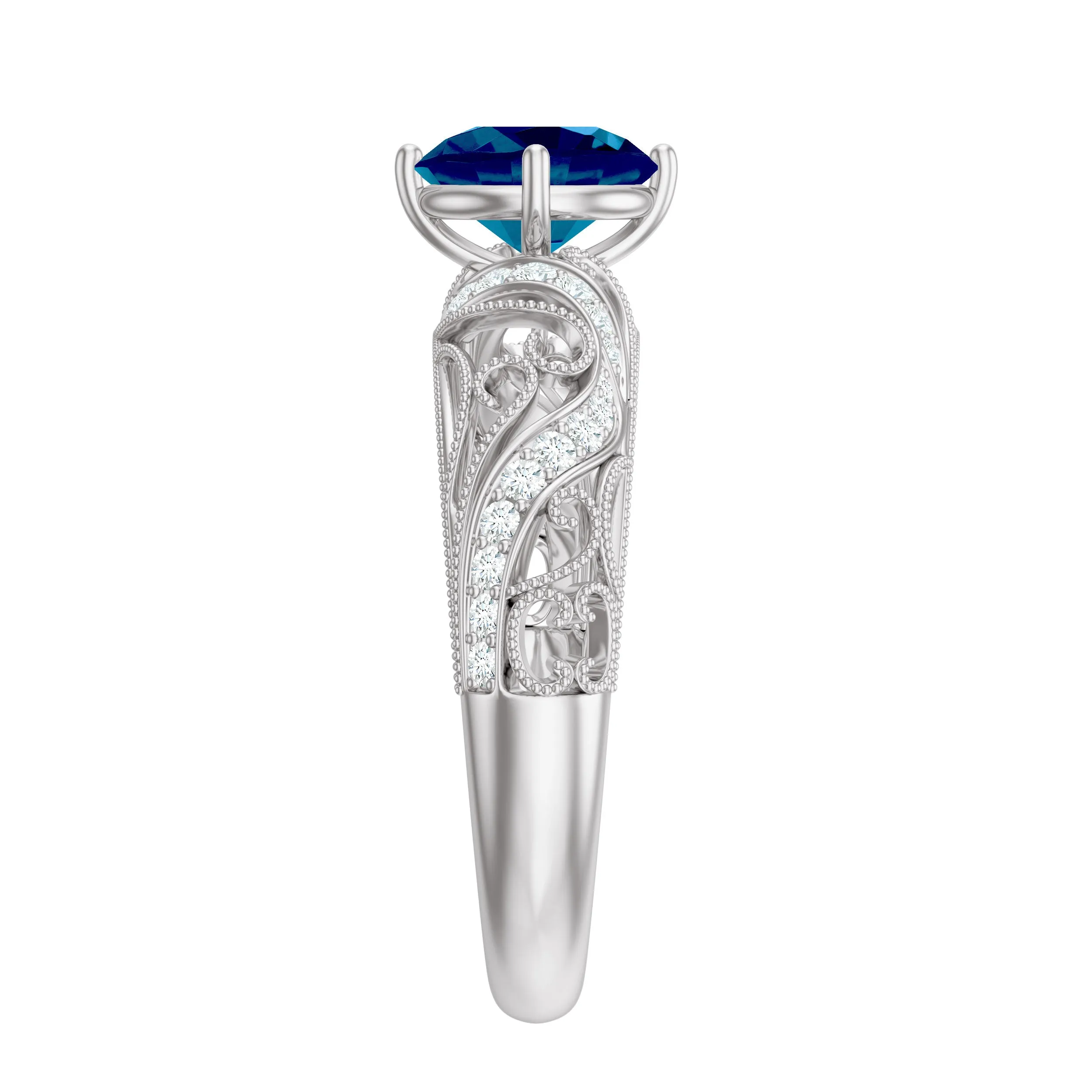 Round London Blue Topaz Vintage Engagement Ring with Diamond