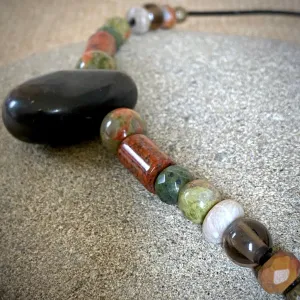 Shungite Necklace w/Unakite, Jasper, Green Jade, Smokey Quartz, Brass