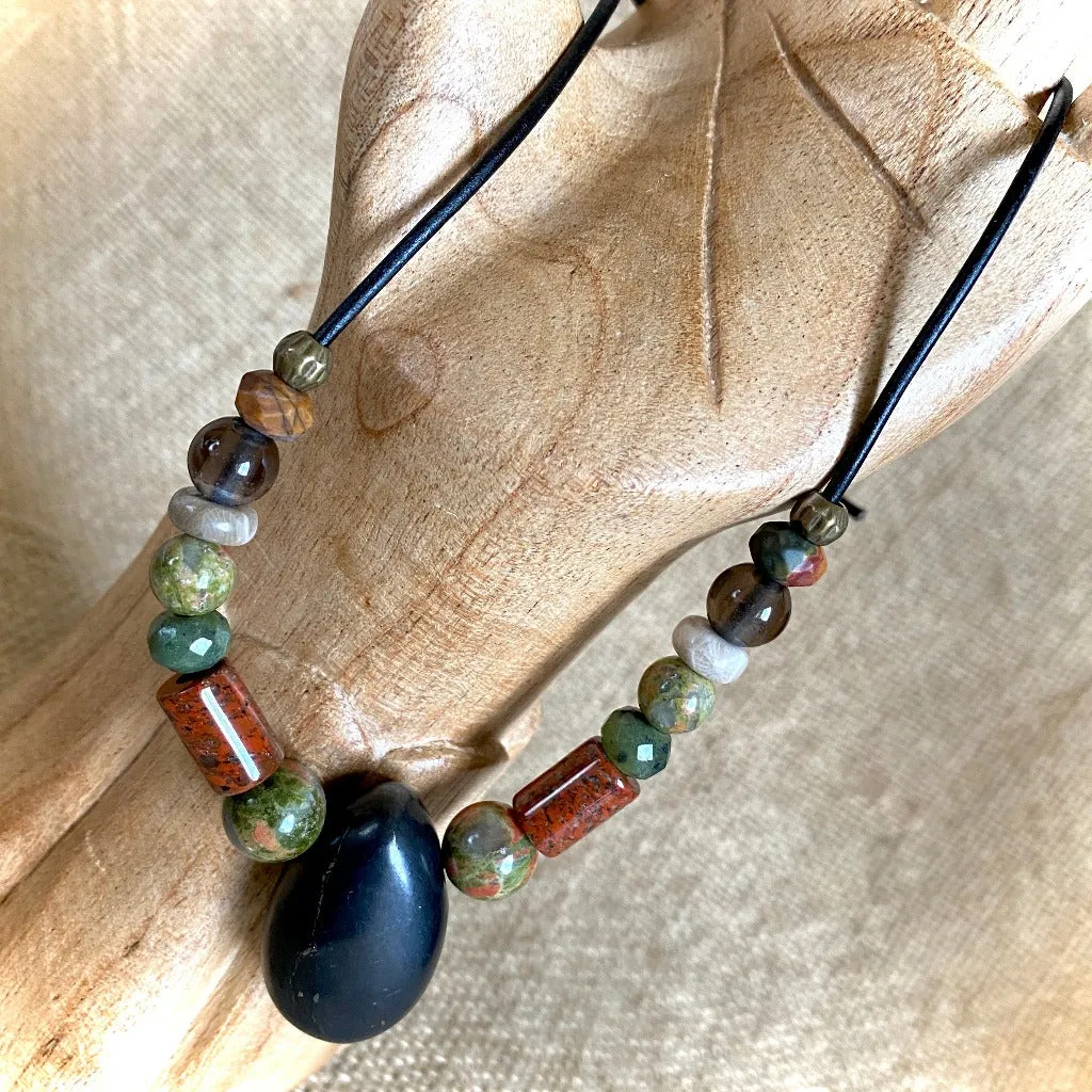 Shungite Necklace w/Unakite, Jasper, Green Jade, Smokey Quartz, Brass