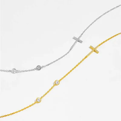 Side Cross Necklace Zircon 925 Sterling Silver Dainty Cross Necklaces