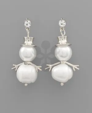 Silver Pearl Snowman Dangle Earrings