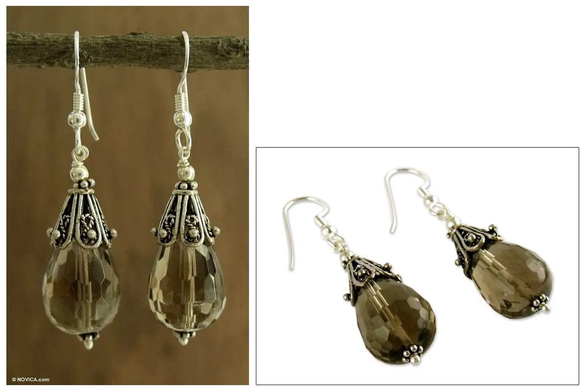 Smoky quartz dangle earrings - Rajasthan Melody | NOVICA
