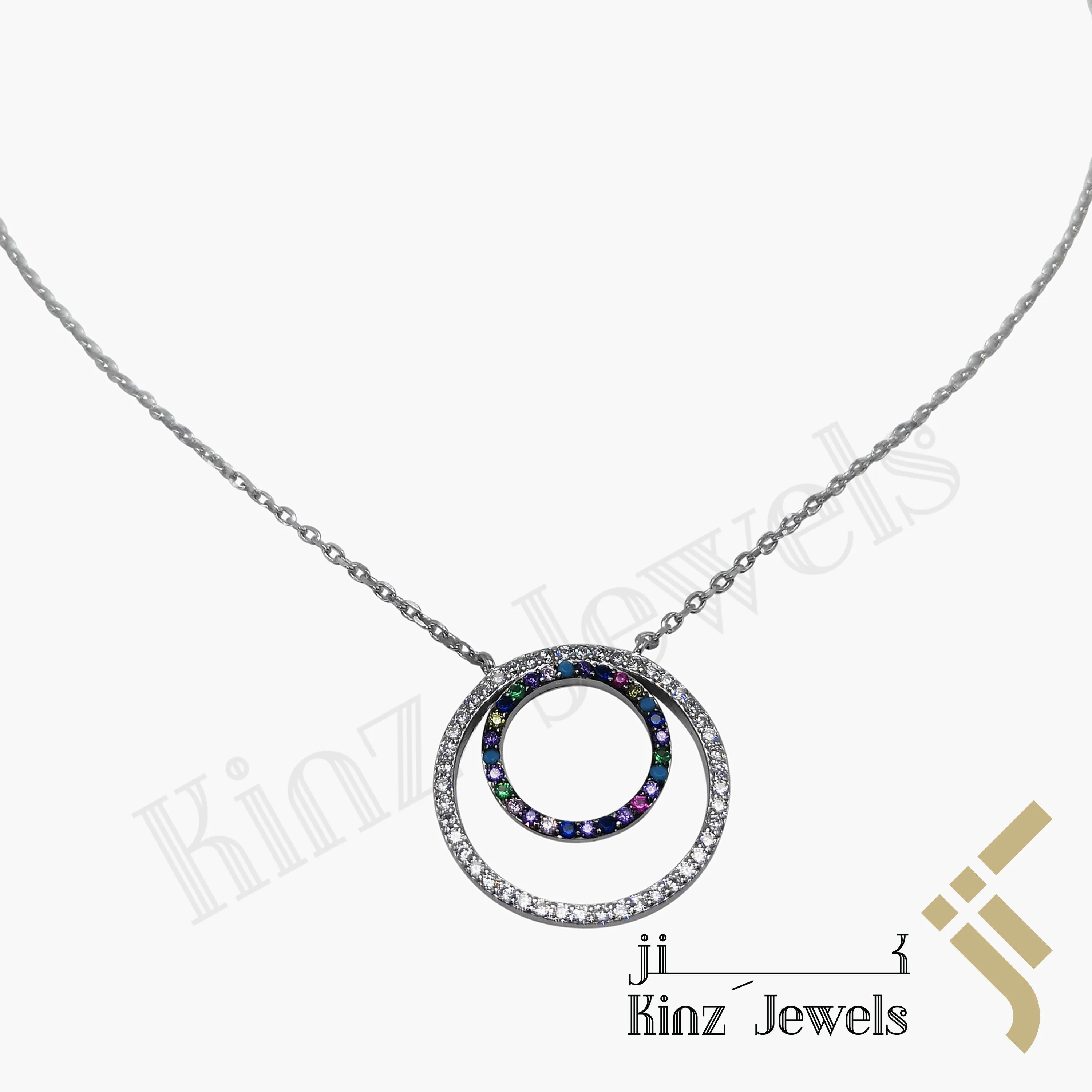 Sterling Silver Colorful Cubic Zirconia Two Circles Necklace