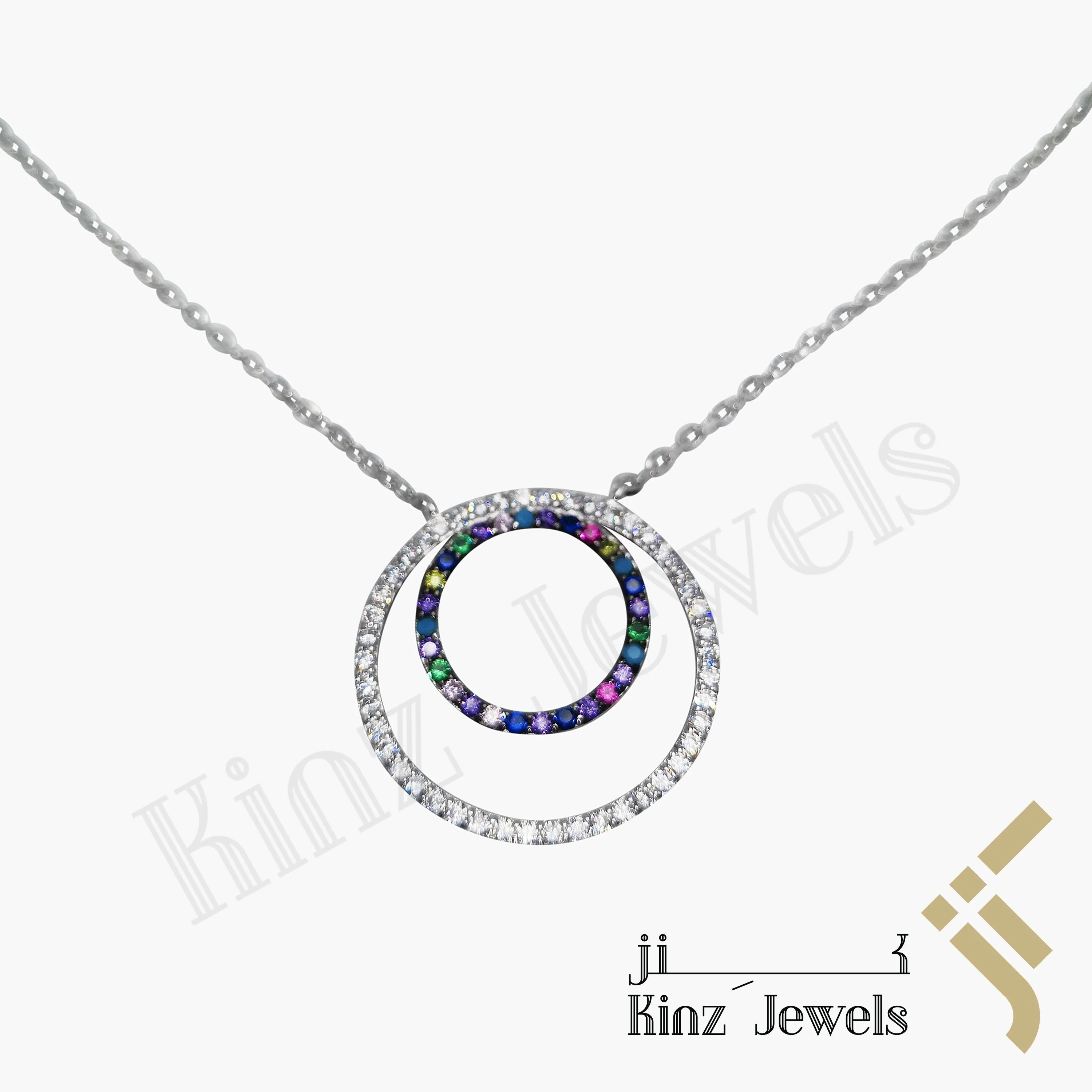 Sterling Silver Colorful Cubic Zirconia Two Circles Necklace