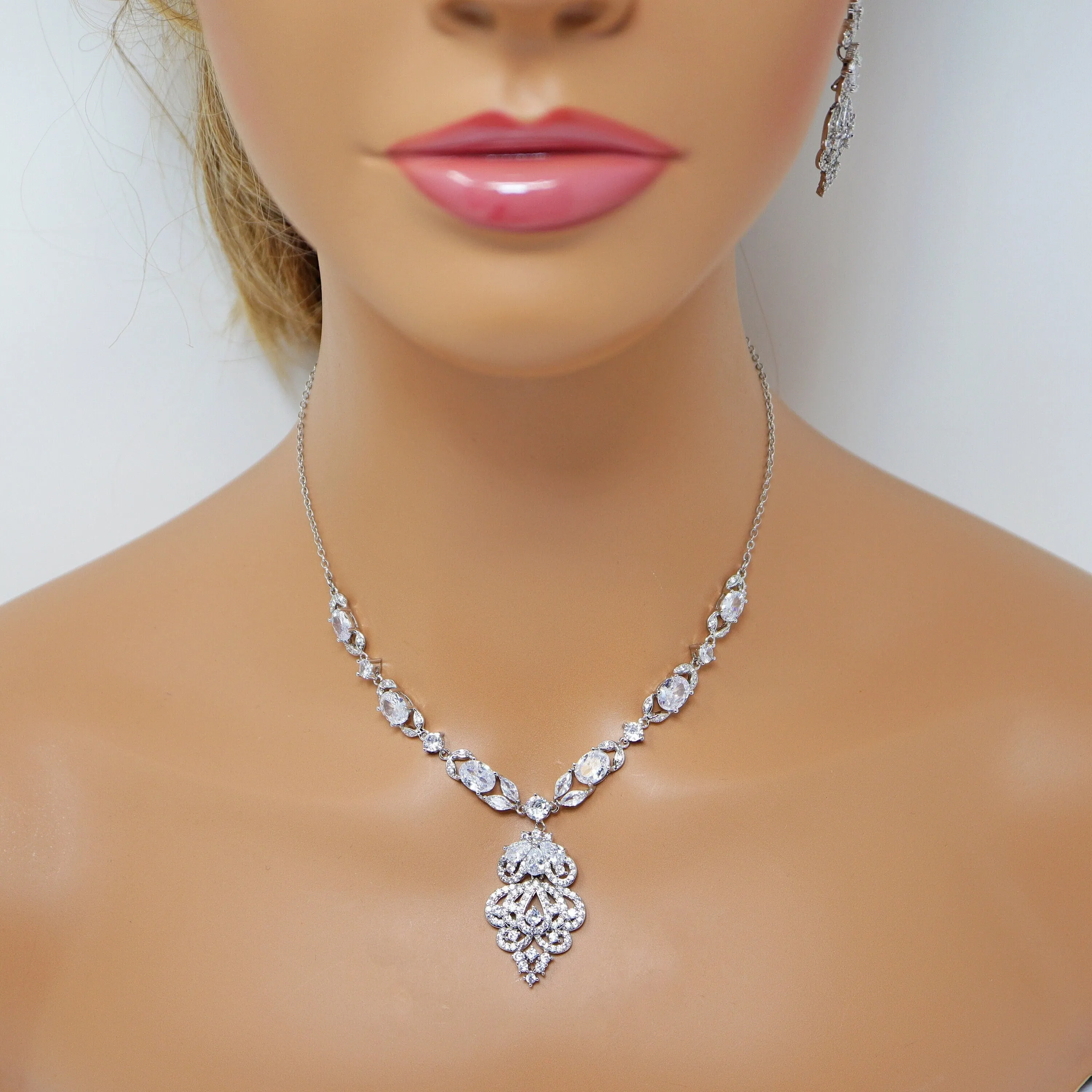 Swarovski Lover's Chandelier Necklace, Long Bridal Jewelry, Bridal Earrings And Necklace, Statement Earrings Cz Necklace Set.